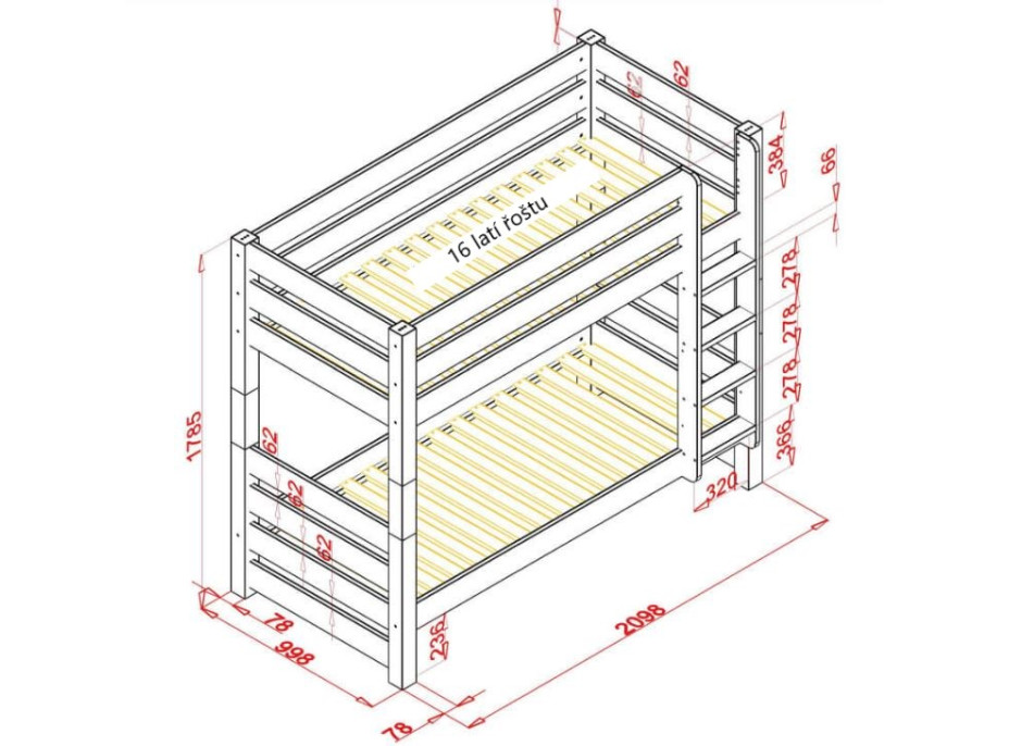 Dětská patrová postel z masivu borovice HONZA - 200x90 cm - bílá