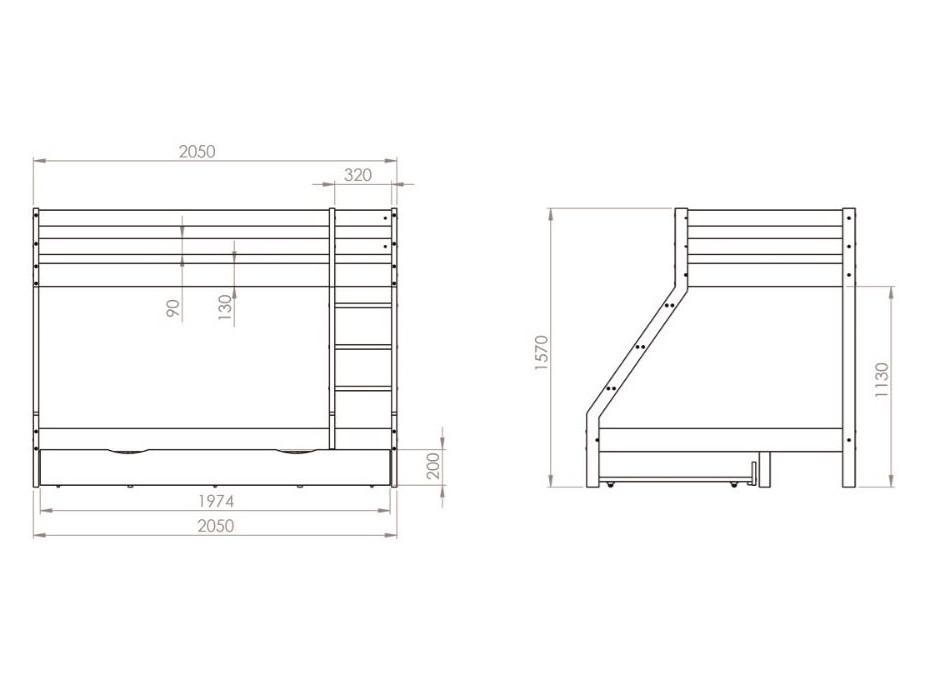 Dětská patrová postel z masivu s rozšířeným spodním lůžkem DENIS - 200x90/140 cm - přírodní