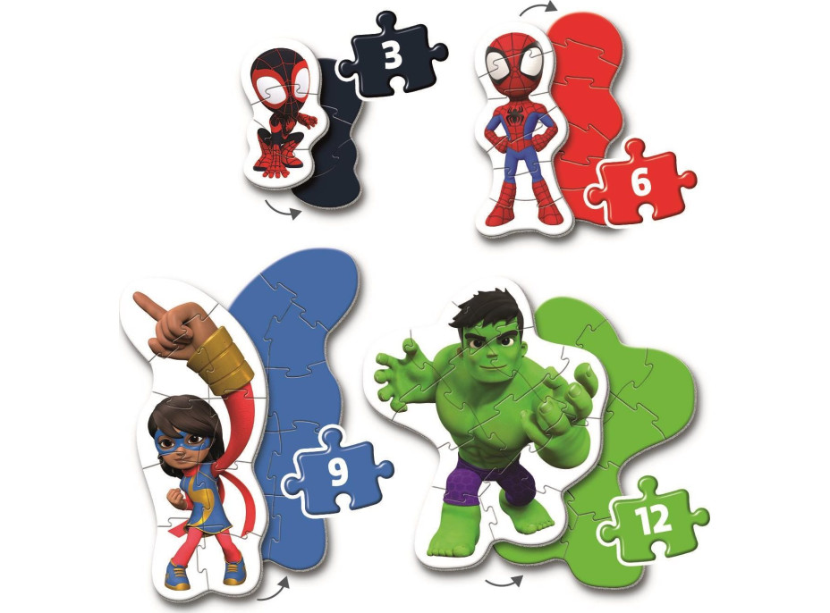 CLEMENTONI Moje první puzzle Spidey a jeho úžasní přátelé 4v1 (3,6,9,12 dílků)