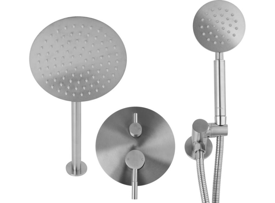 Sprchová podomítková souprava STEELY round s ruční a dešťovou sprchou - inox
