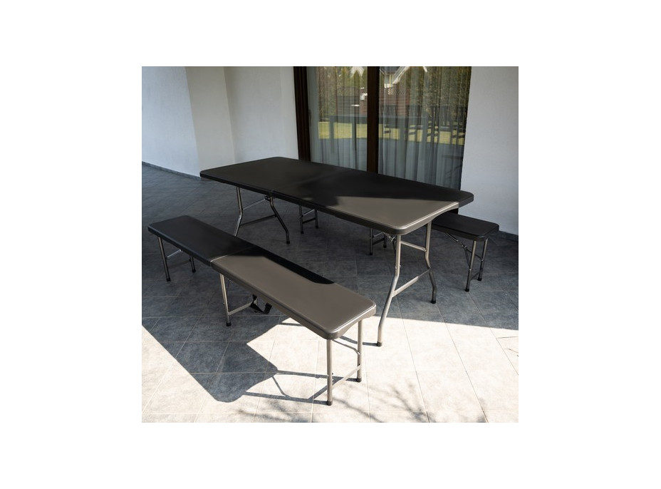Rozkládací zahradní stůl 180 cm + 2 lavice - černý