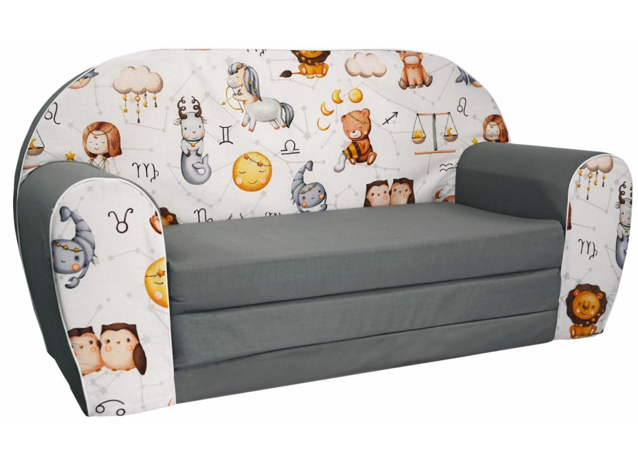 Dětská rozkládací MINI pohovka Nebeská znamení - šedá/bílá
