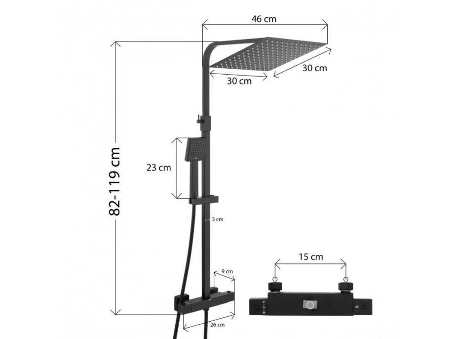 Sprchová souprava GABI s termostatickou baterií - 30x30 cm - černá matná