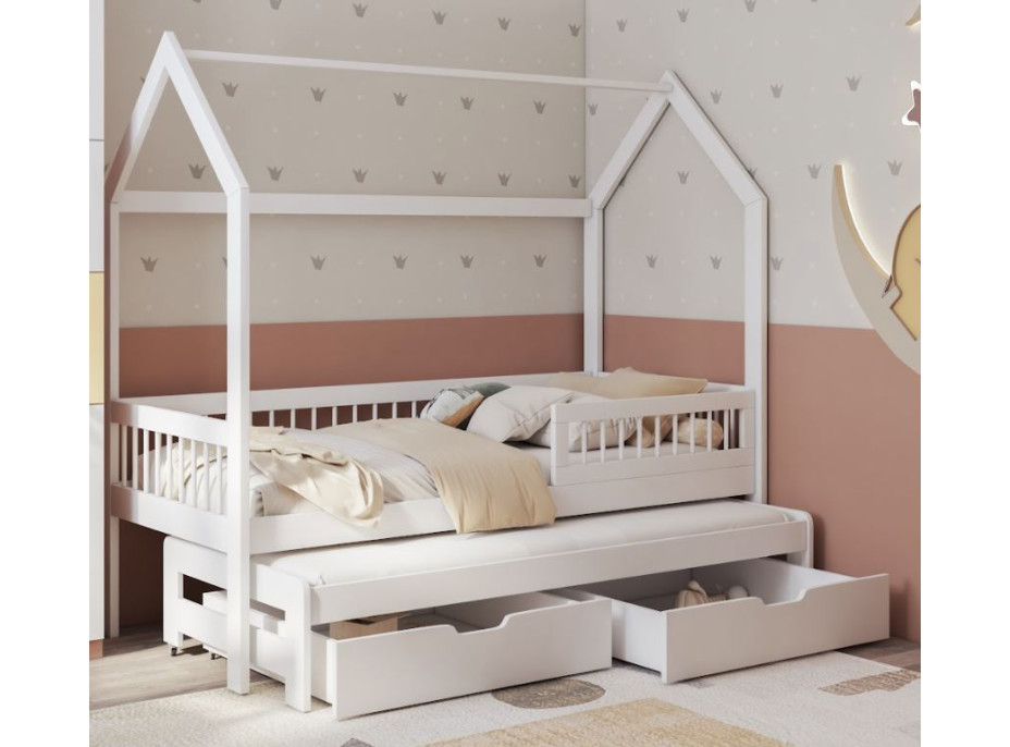 Dětská domečková postel z masivu borovice ASHER se šuplíky a přistýlkou - 180x80 cm - bílá