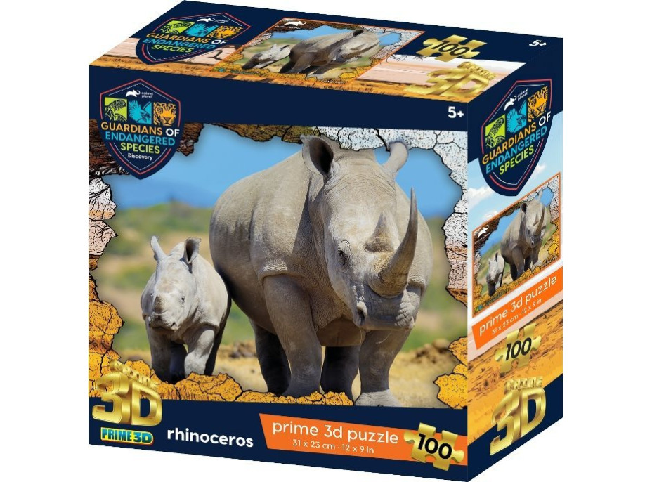 PRIME 3D Puzzle Animal planet: Ohrožené druhy - Nosorožec 3D 100 dílků