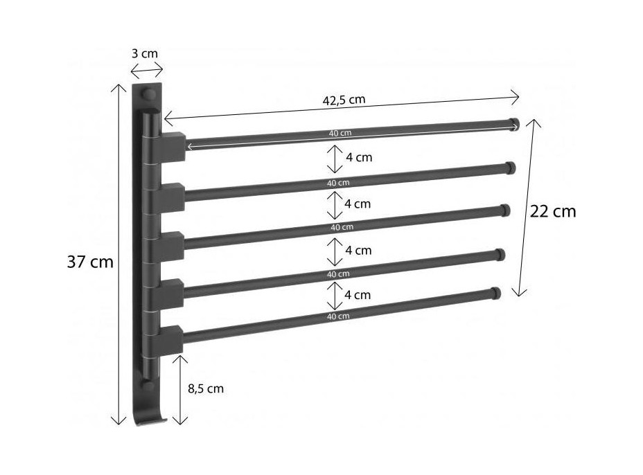 Nástěnný věšák na ručníky AMY - 5 ramenný - černý matný