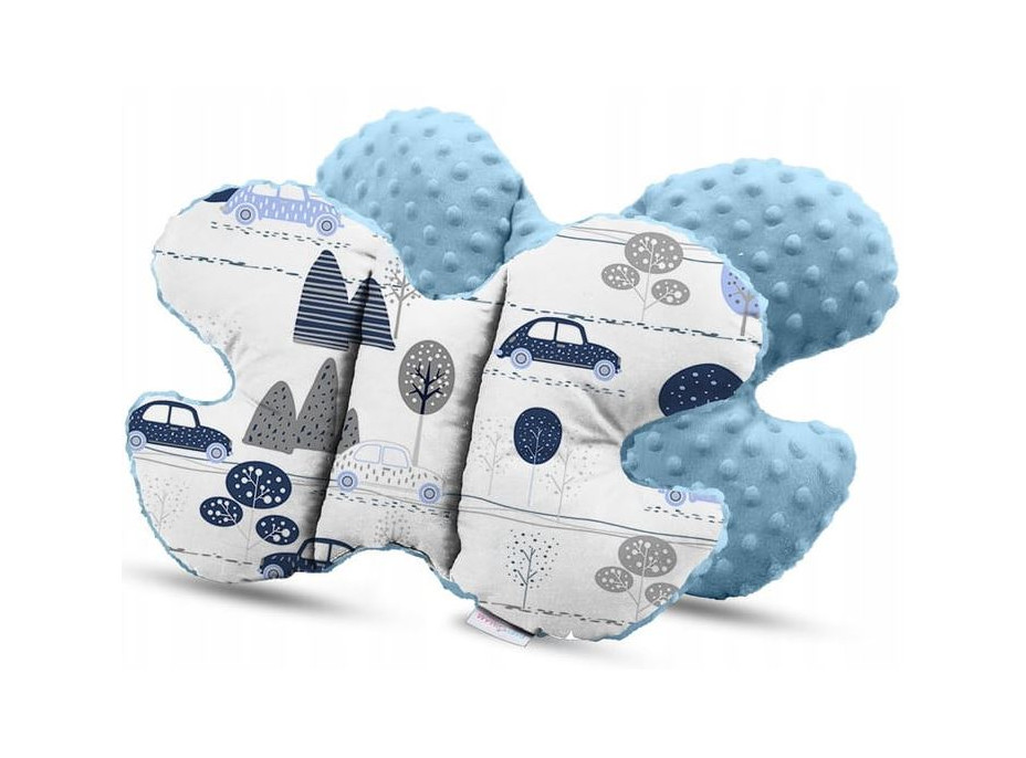 Dětská deka do kočárku s polštářkem a motýlkem - BABYMAM PREMIUM set 3v1 - Retro autíčka se světle modrou minky