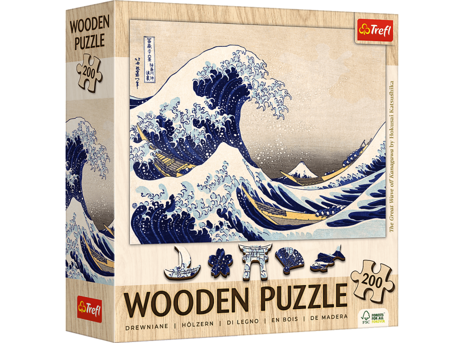 TREFL Dřevěné puzzle Art: Hokusai - Velká vlna Kanagawa 200 dílků