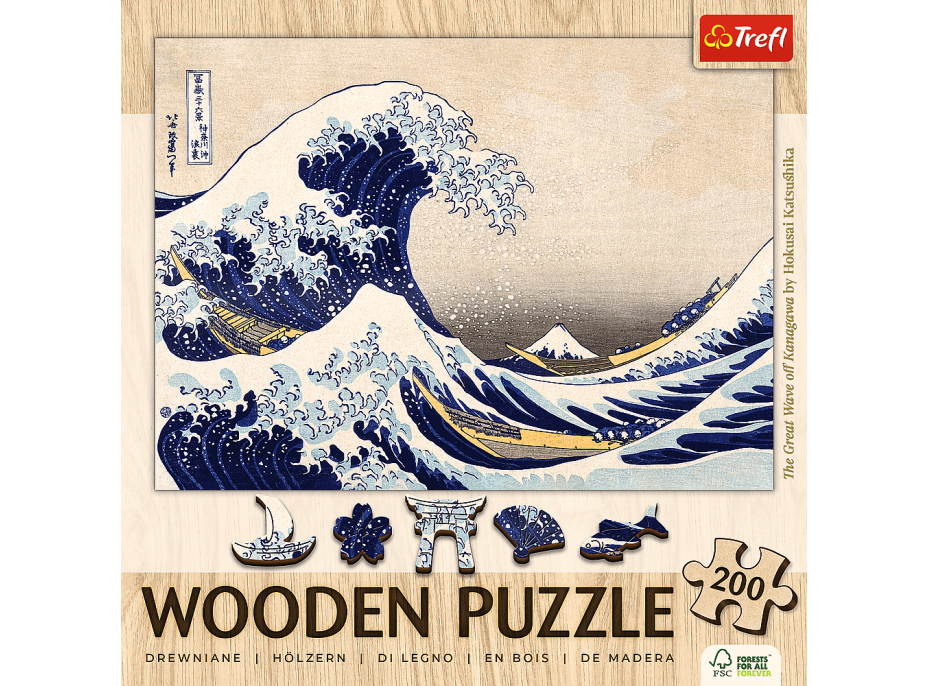 TREFL Dřevěné puzzle Art: Hokusai - Velká vlna Kanagawa 200 dílků