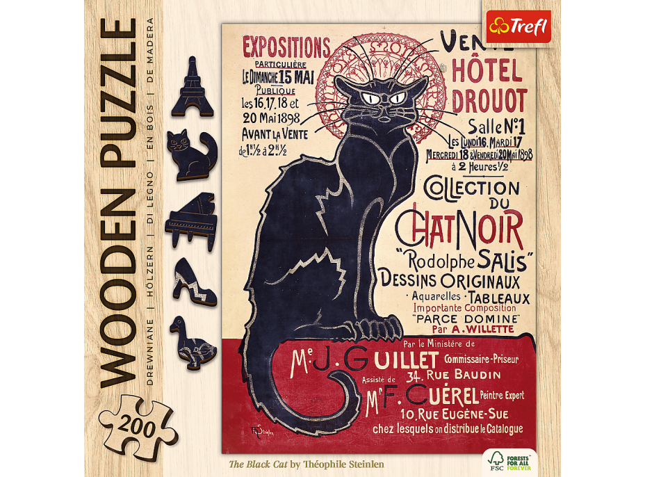 TREFL Dřevěné puzzle Art: Steinlen - Černá kočka, Le Chat Noir 200 dílků