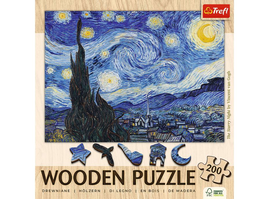 TREFL Dřevěné puzzle Art: Vincent van Gogh - Hvězdná noc 200 dílků