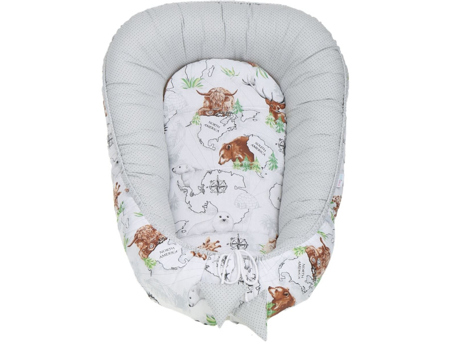 Oboustranné hnízdečko (kokon) pro miminko - BABYMAM PREMIUM set 7v1 - Kontinenty se skořicovou minky