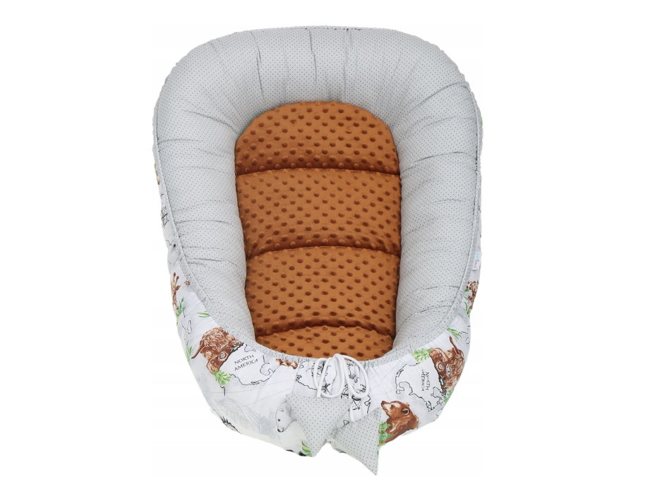 Oboustranné hnízdečko (kokon) pro miminko - BABYMAM PREMIUM set 7v1 - Kontinenty se skořicovou minky