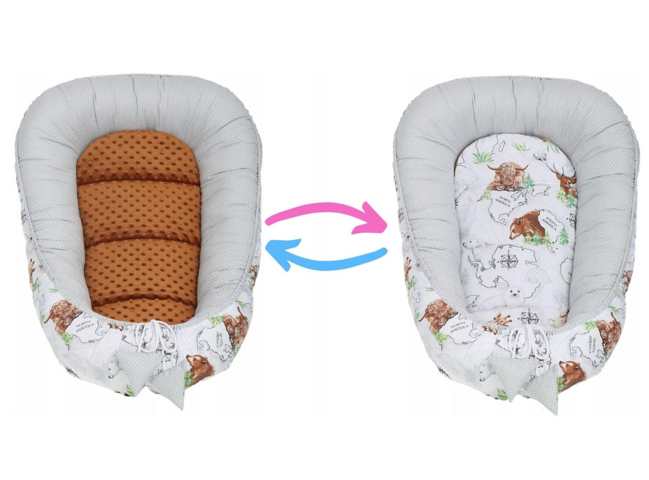 Oboustranné hnízdečko (kokon) pro miminko - BABYMAM PREMIUM set 7v1 - Kontinenty se skořicovou minky