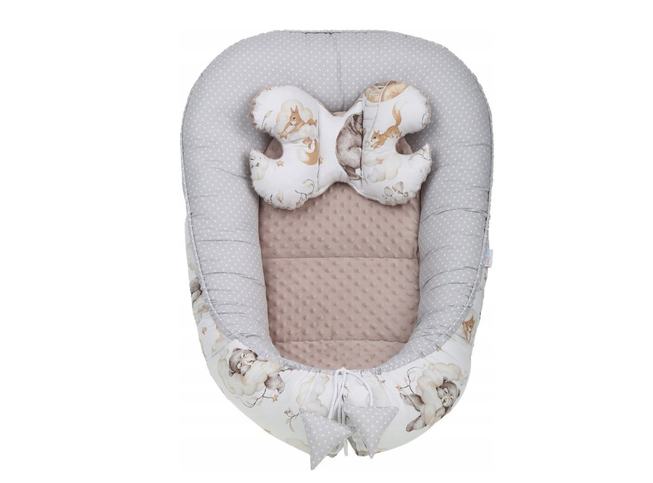 Oboustranné hnízdečko (kokon) pro miminko - BABYMAM PREMIUM set 7v1 - Medvíďata s béžovou minky