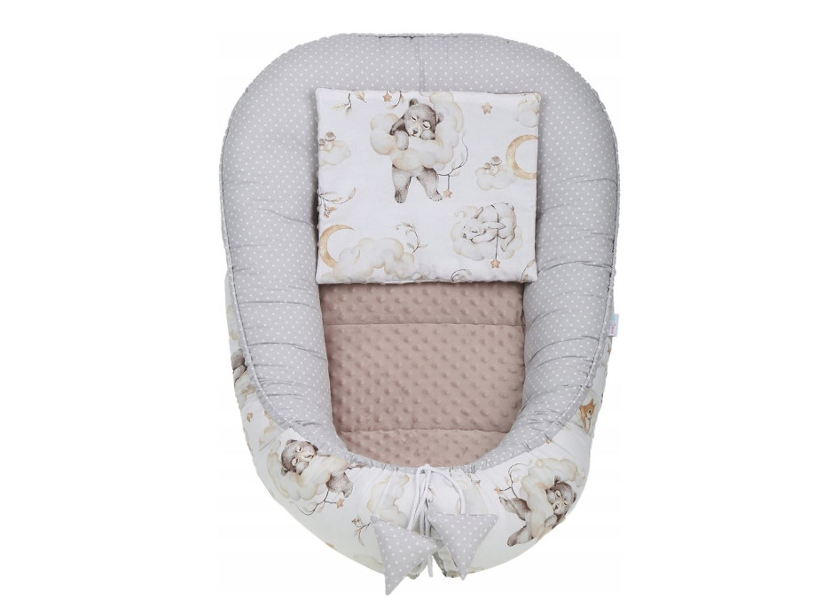 Oboustranné hnízdečko (kokon) pro miminko - BABYMAM PREMIUM set 7v1 - Medvíďata s béžovou minky