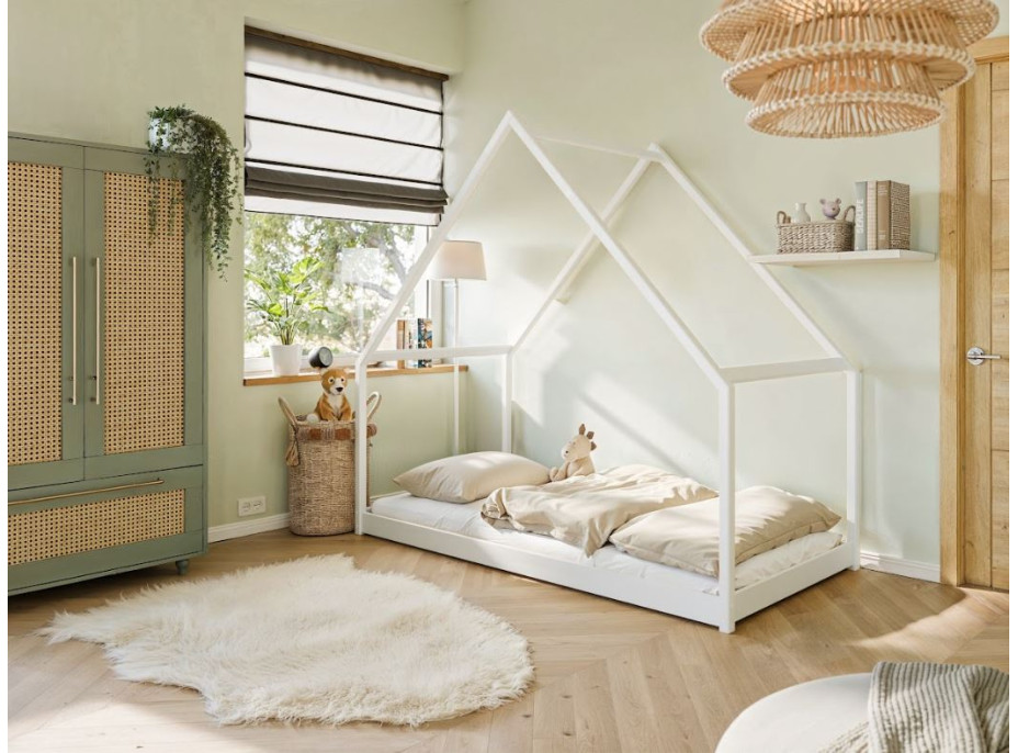 Dětská domečková postel z masivu borovice ROMAN - 200x90 cm - BÍLÁ