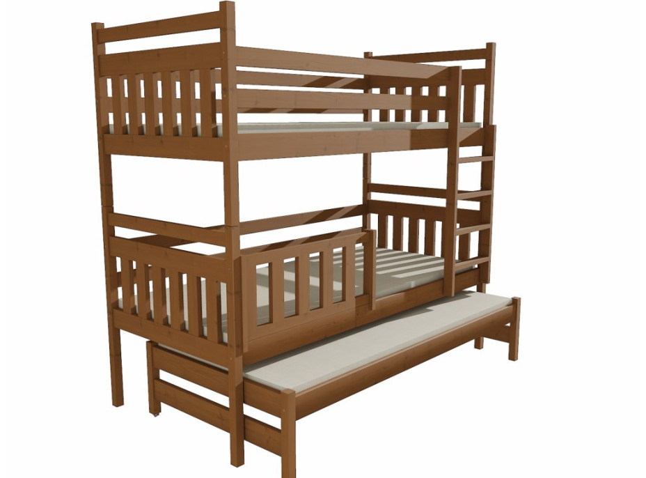 Dětská patrová postel s přistýlkou z MASIVU 200x90cm s navýšením mezi lůžky - PPV004 - moření dub