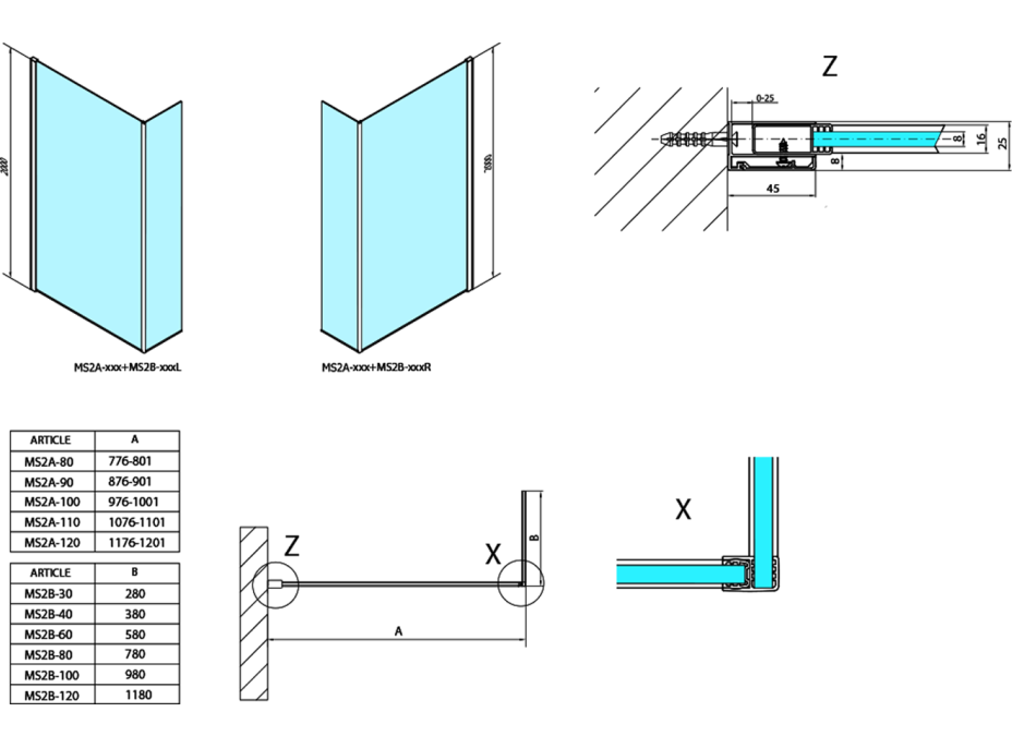 Polysan MODULAR SHOWER stěna k instalaci na zeď, pro připojení pevného panelu, 1000 mm MS2A-100