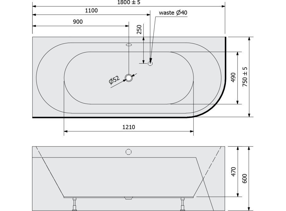 Polysan VIVA L MONOLITH asymetrická vana 180x75x60cm, bílá/černá 72099MB