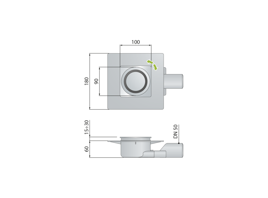 Omp Tea TIRANA podlahová vpust boční 100x100mm, odpad 50mm, chrom 2665.295.8