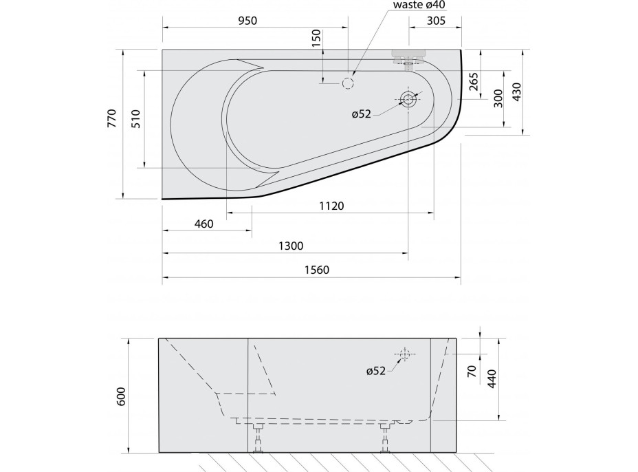 Polysan PROJEKTA L MONOLITH asymetrická stojící vana 156x77x60cm, bílá/černá 20111MB