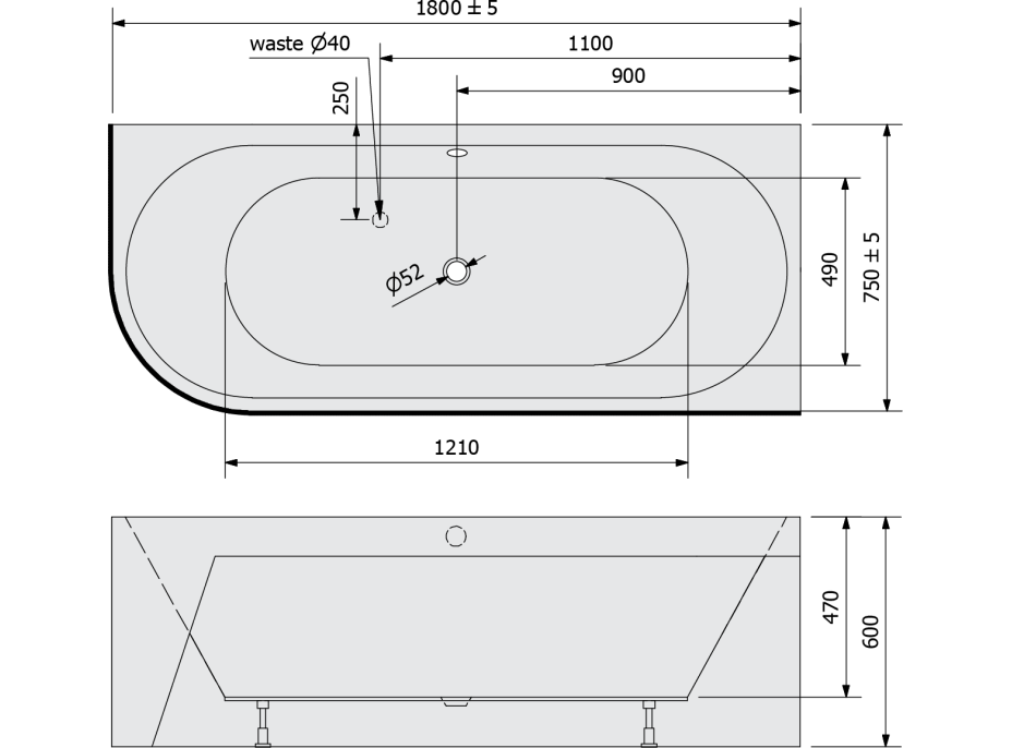 Polysan VIVA R MONOLITH asymetrická vana 180x75x60cm, bílá/černá 72129MB