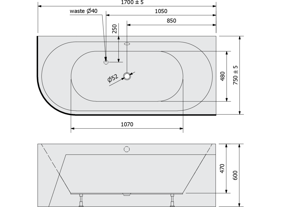 Polysan VIVA R MONOLITH asymetrická vana 170x75x60cm, bílá/černá 78119MB