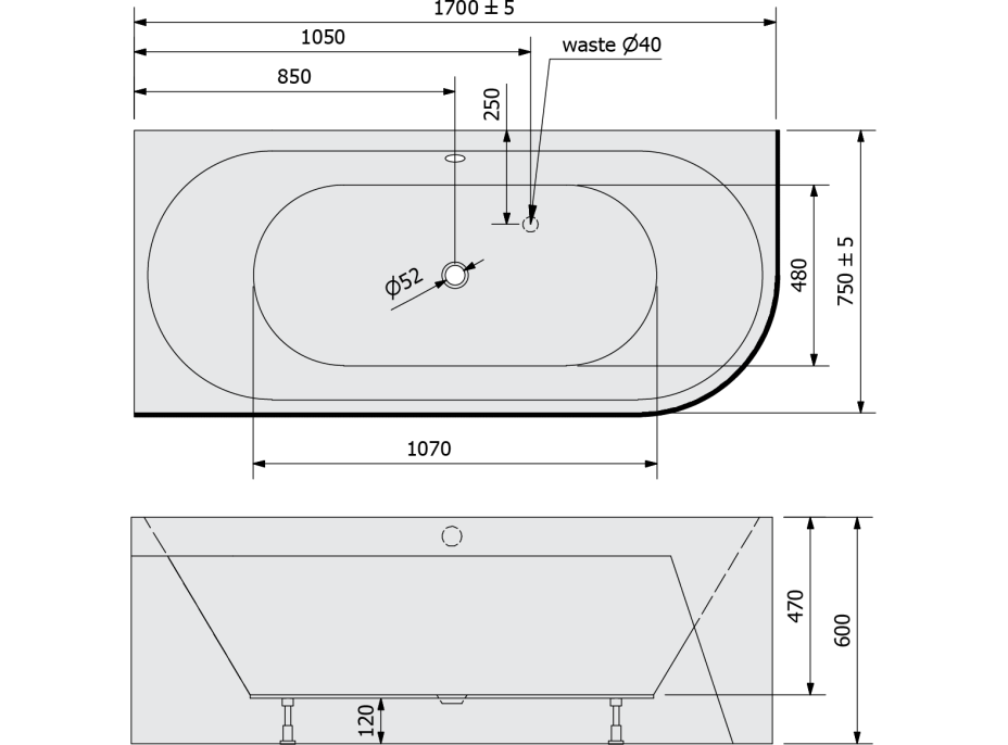 Polysan VIVA L MONOLITH asymetrická vana 170x75x60cm, bílá/černá 70119MB