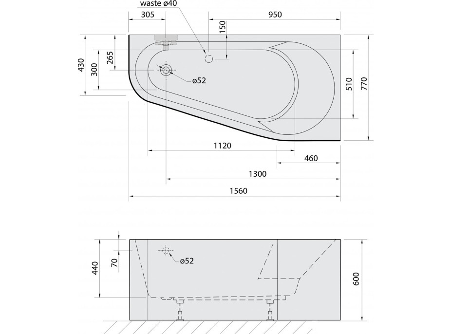 Polysan PROJEKTA R MONOLITH asymetrická stojící vana 156x77x60cm, bílá/černá 21111MB