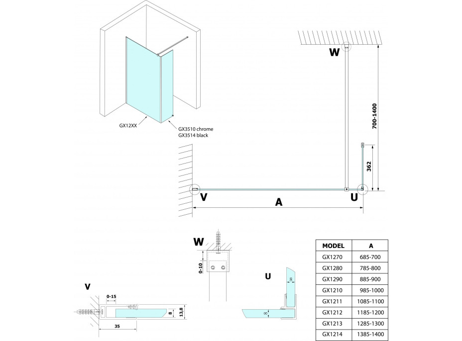 Gelco VARIO přídavný panel 350mm, čiré sklo, černá GX3514