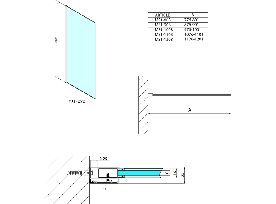 Polysan MODULAR SHOWER BLACK jednodílná zástěna pevná k instalaci na zeď, 1000 mm MS1-100B