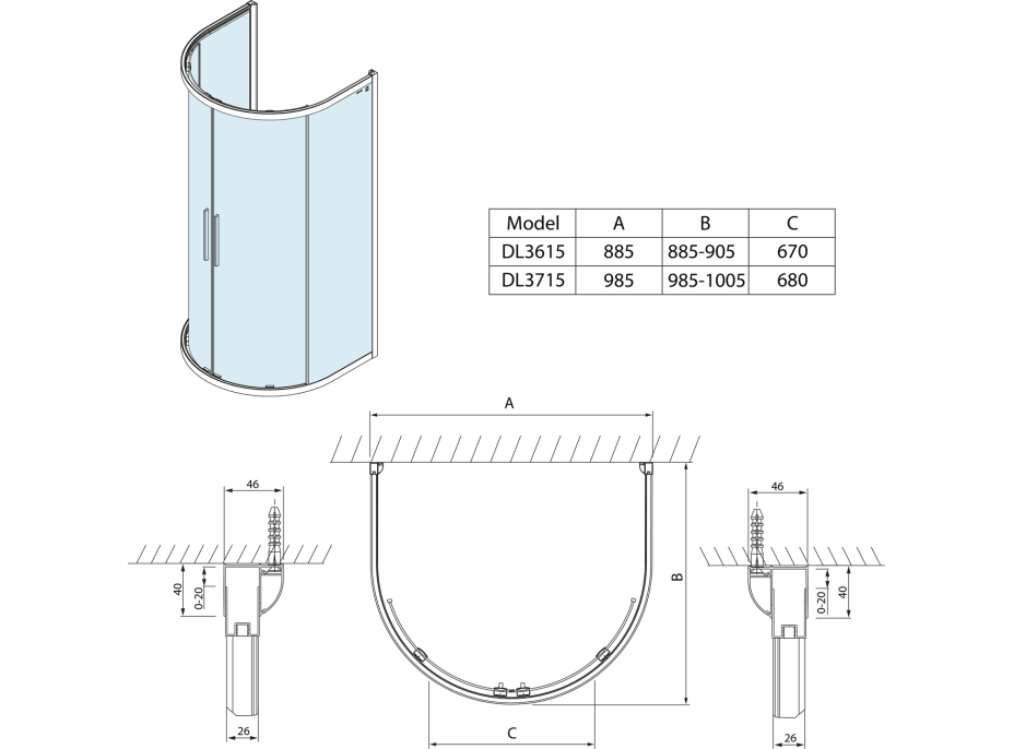 Polysan LUCIS LINE půlkruhová sprchová zástěna 900x900mm, čiré sklo DL3615