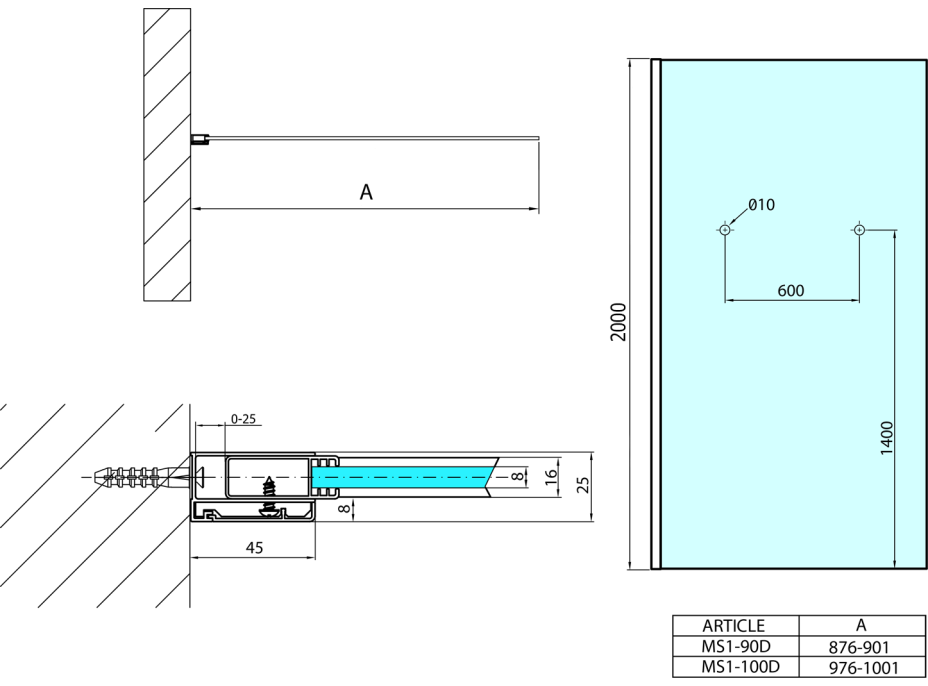 Polysan MODULAR SHOWER jednodílná zástěna pevná k instalaci na zeď, s otvory na držák ručníků, 900 mm MS1-90-D