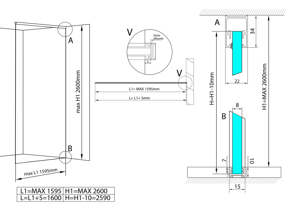 Polysan ARCHITEX LINE sada pro uchycení skla, podlaha-stěna-strop, max. š. 1600mm, leštěný hliník AL2816