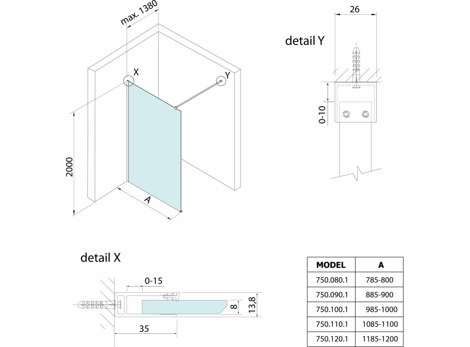 Bruckner SPITZA sprchová zástěna WALK-IN, 800mm 750.080.1