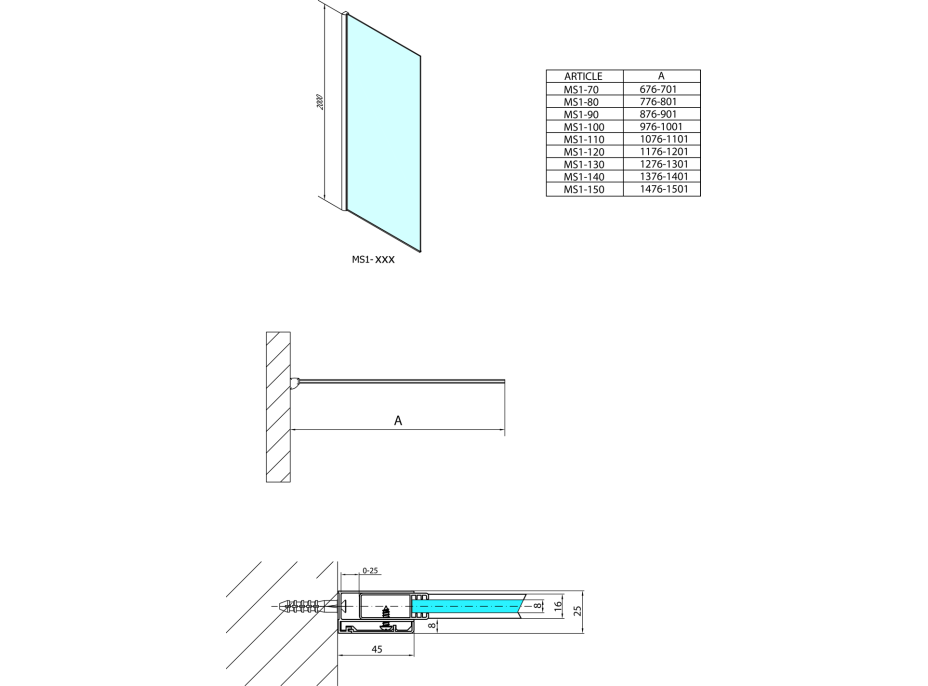 Polysan MODULAR SHOWER jednodílná zástěna pevná k instalaci na zeď, 700 mm MS1-70