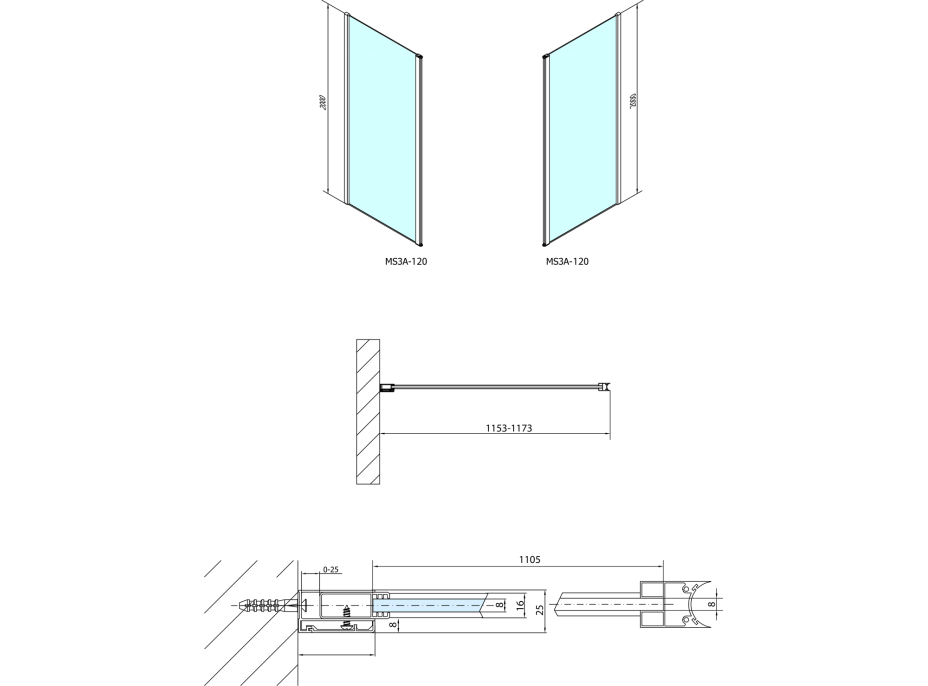 Polysan MODULAR SHOWER stěna k instalaci na zeď, pro připojení otočného panelu, 1200 mm MS3A-120