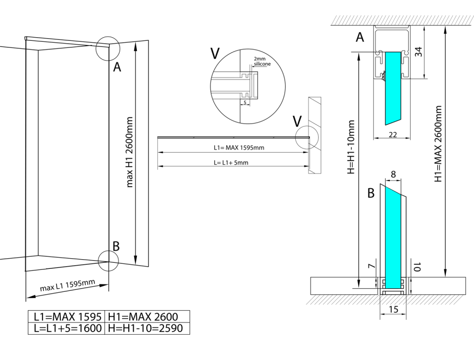 Polysan ARCHITEX LINE sada pro uchycení skla, podlaha-stěna-strop, max. š. 1600mm, černá mat AXL2816B