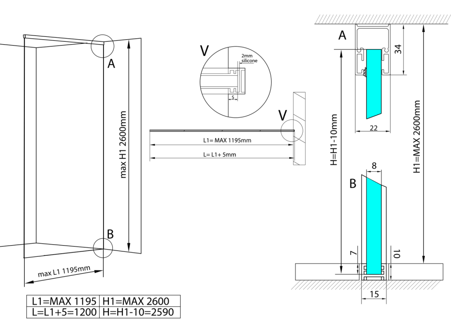 Polysan ARCHITEX LINE sada pro uchycení skla, podlaha-stěna-strop, max. š. 1200mm, černá mat AXL2812B