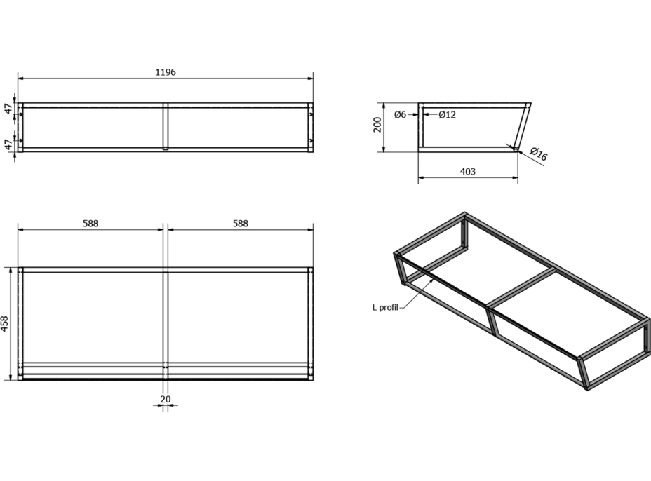 Sapho SKA konzole pod umyvadlo/desku 1200x200x460mm, bílá mat SKA214