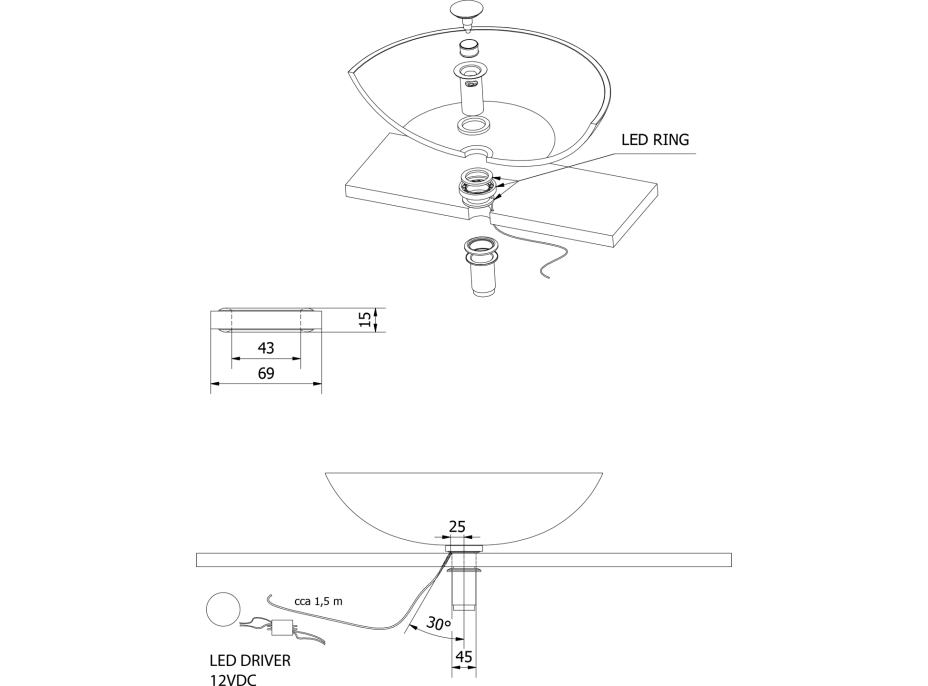 Sapho LEDRING osvětlení pod skleněné umyvadlo 12V, 1, 2W, 5000-5500K WP94051LED