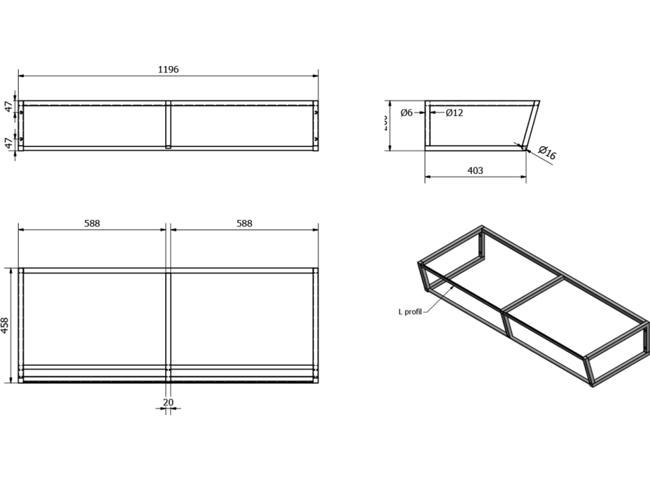 Sapho SKA konzole pod umyvadlo/desku 1200x200x460mm, černá mat SKA204