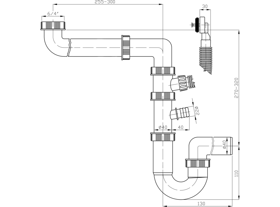 Bruckner Dřezový sifon šetřící místo s přepadem a odbočkou 6/4", DN40, bílá 155.126.0