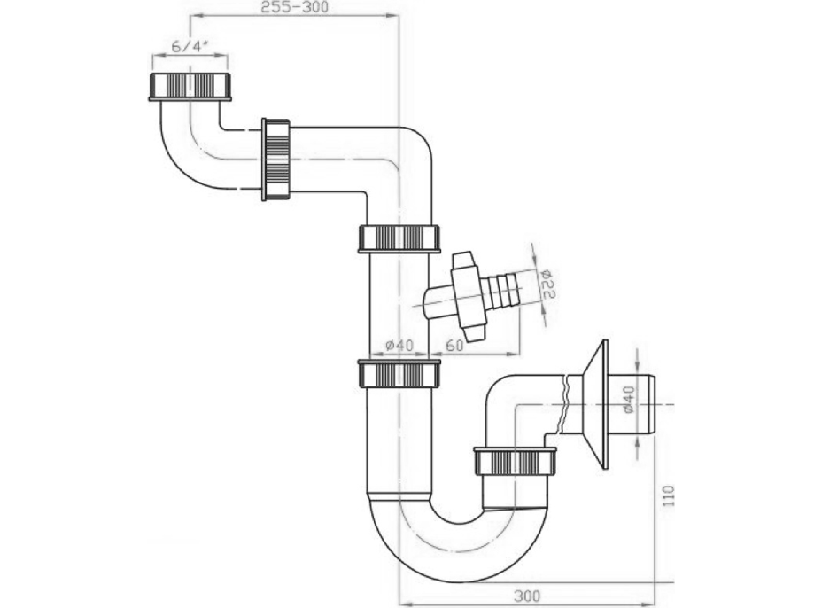 Bruckner Dřezový sifon šetřící místo s odbočkou 6/4", DN40, bílá 155.125.0