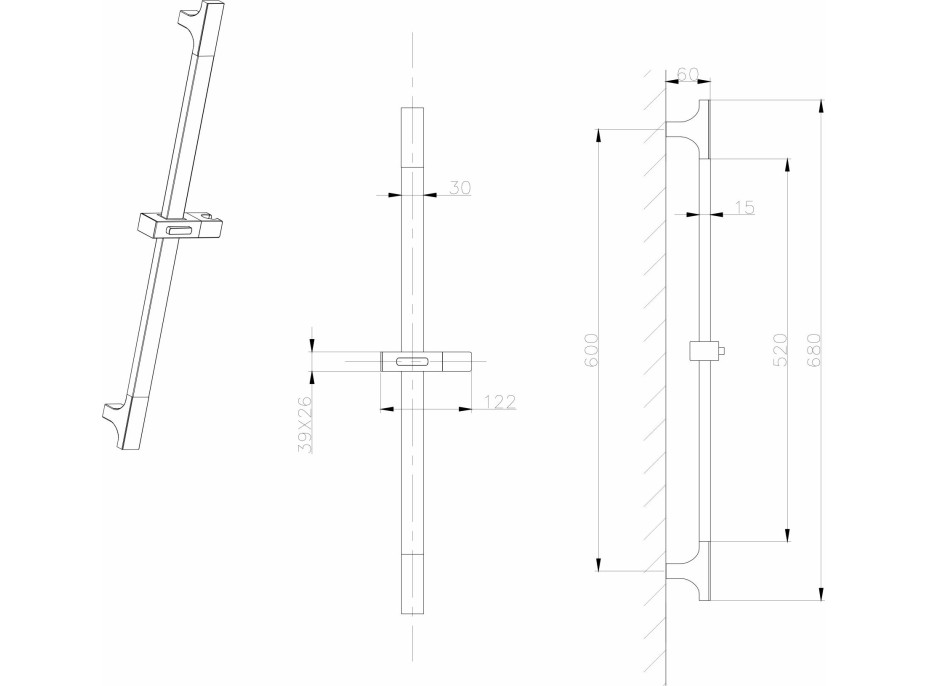 Sapho Sprchová tyč, posuvný držák, 680mm, ABS/zlato mat 1206-07GB