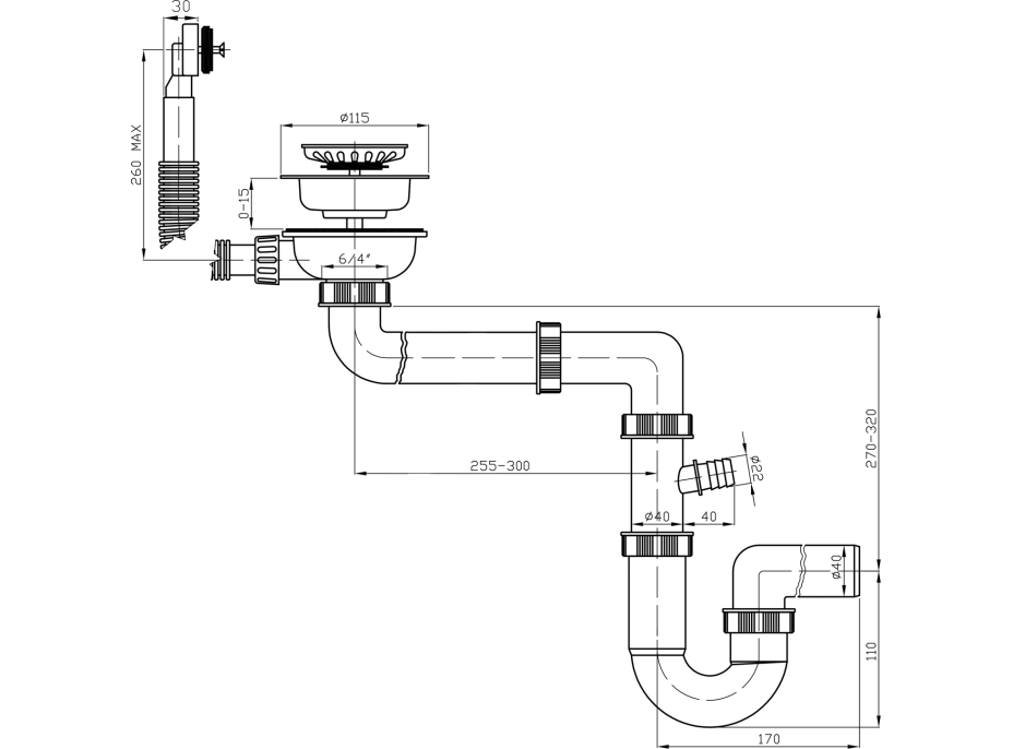 Bruckner Dřezový sifon šetřící místo s přepadem a odbočkou 6/4", včetně pilety, DN40, bílá 155.127.0