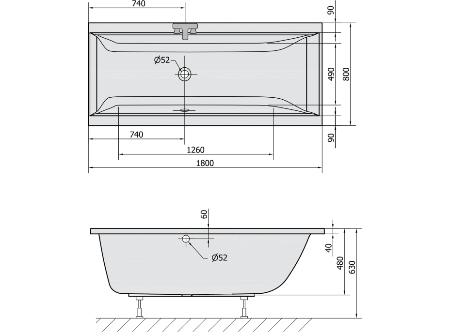 Polysan CLEO obdélníková vana 180x80x48cm, bílá mat 95611.11