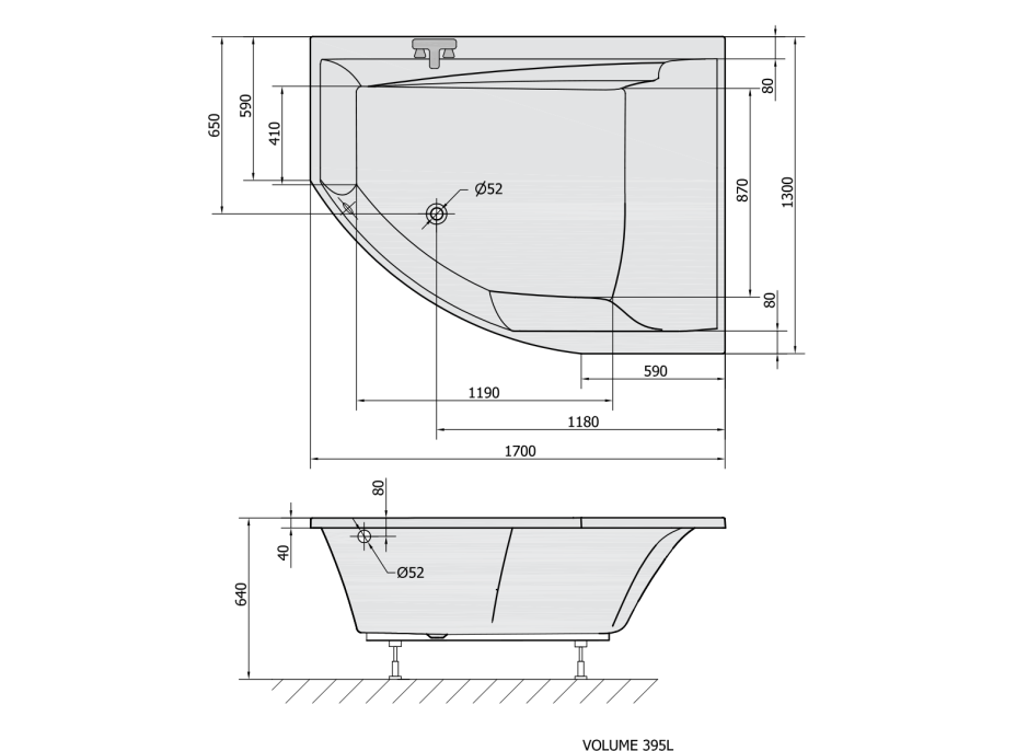 Polysan TANDEM R asymetrická vana 170x130x50cm, bílá 97611