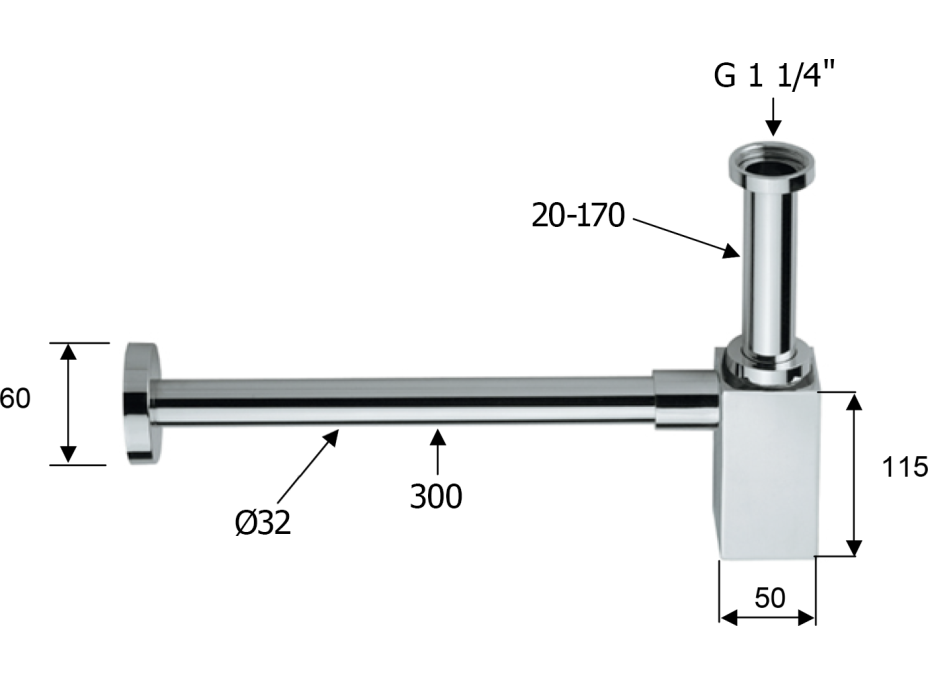 Sapho Umyvadlový sifon 5/4", odpad 32mm, hranatý, černá mat SI415